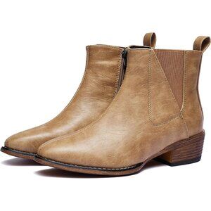 Women's Khaki Ankle Boots Mid-height Heels Chelsea Zipper Dressy Booties